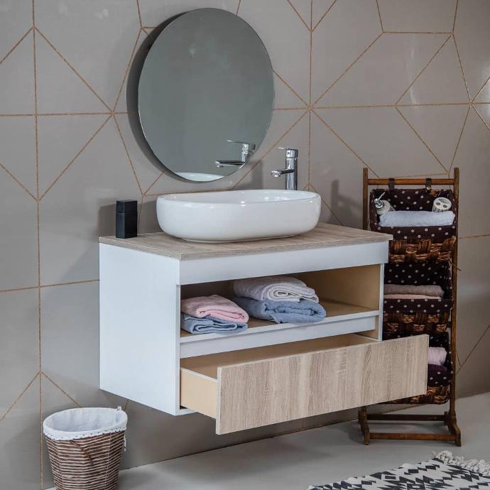 Meuble salle de bain 90 cm blanc avec vasque a pose et tiroir